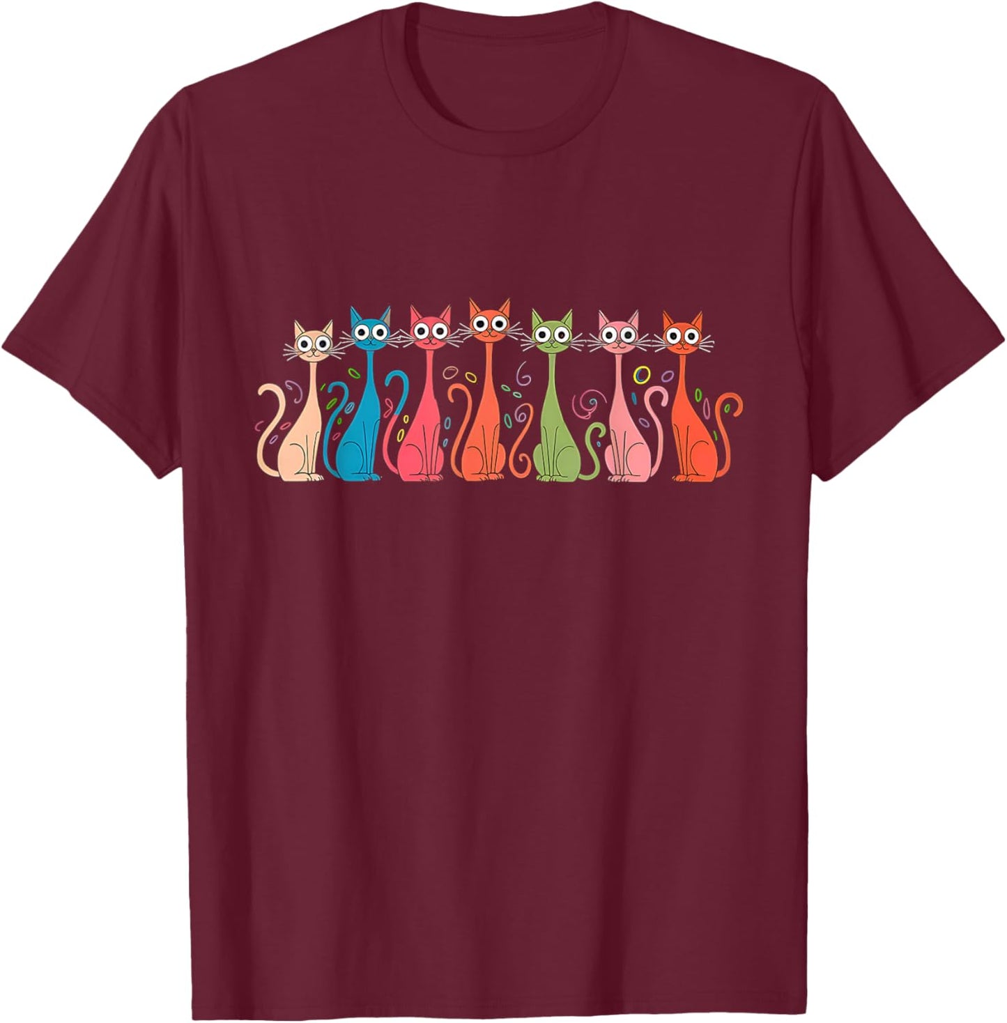 Women Kids Girls Black Small Modern Retro Cartoon Cats 50s 60s Style Mid-Century Modern Art Style T-Shirt - T-Shirt | Maroon