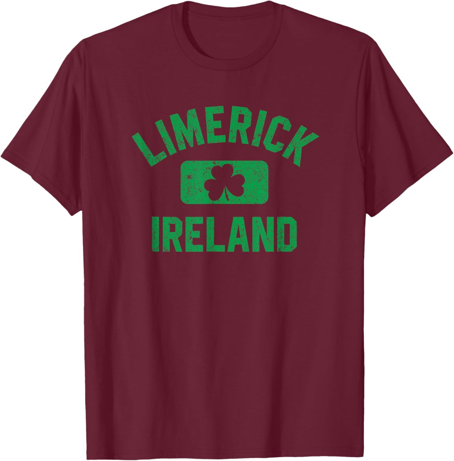 Limerick Ireland Gym Style Distressed Green Print T-Shirt - T-Shirt | Maroon