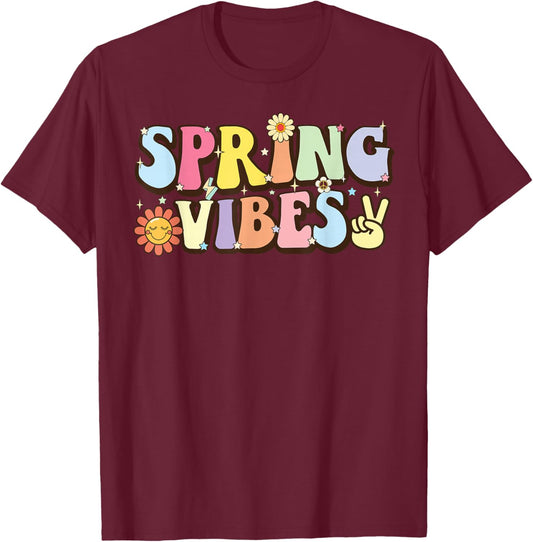 Hello Spring vibes Flowers Bloom Floral First day of Spring T-Shirt - T-Shirt | Maroon