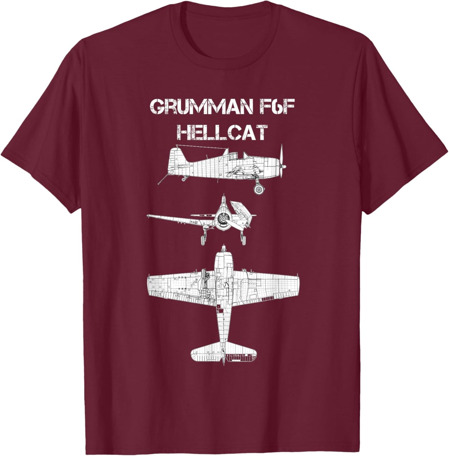 Grumman F6F Hellcat WW2 Navy Airplane Blueprint T-Shirt - T-Shirt | Maroon