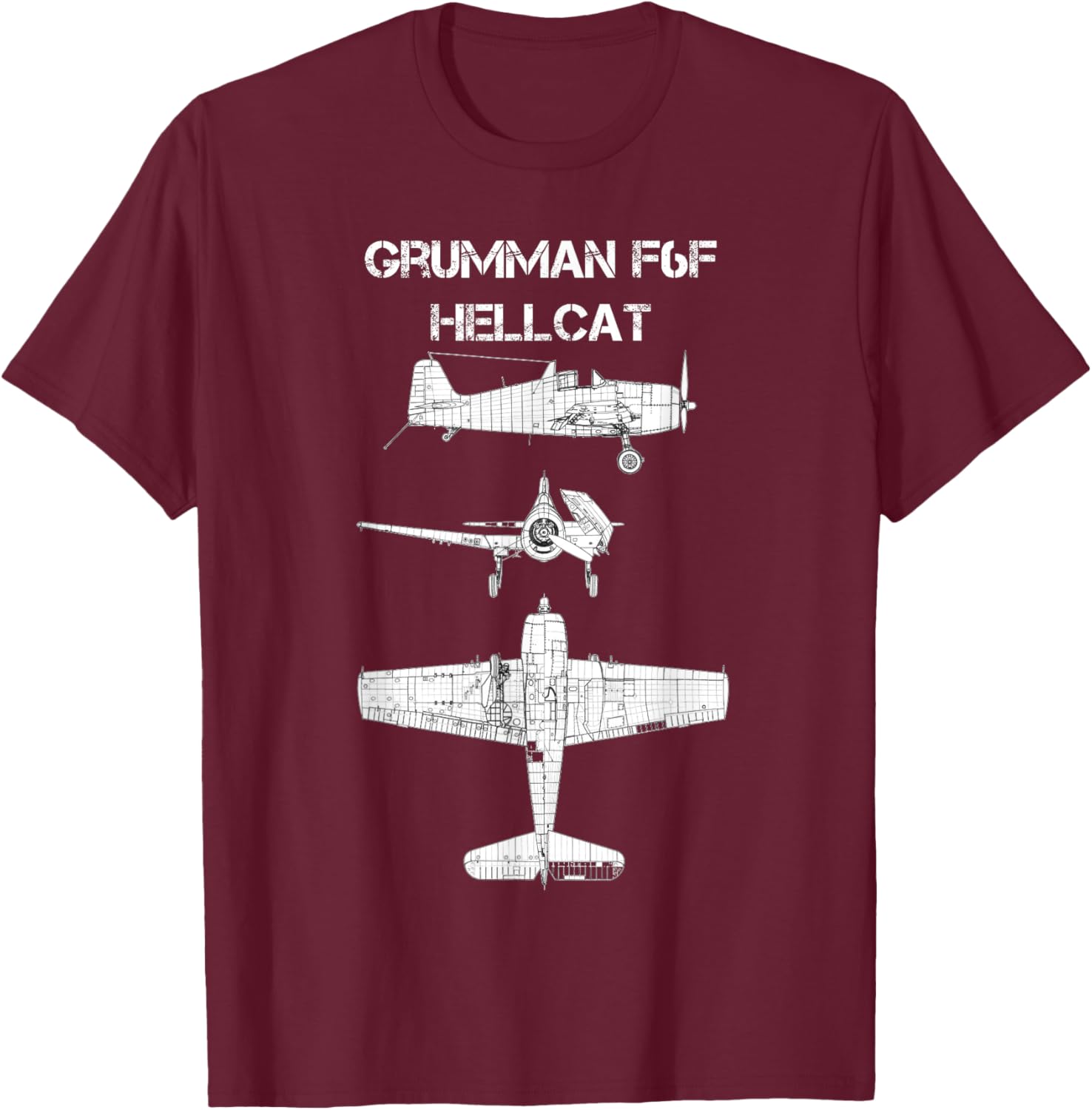 Grumman F6F Hellcat WW2 Navy Airplane Blueprint T-Shirt - T-Shirt | Maroon