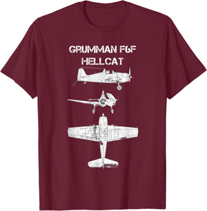 Grumman F6F Hellcat WW2 Navy Airplane Blueprint T-Shirt - T-Shirt | Maroon