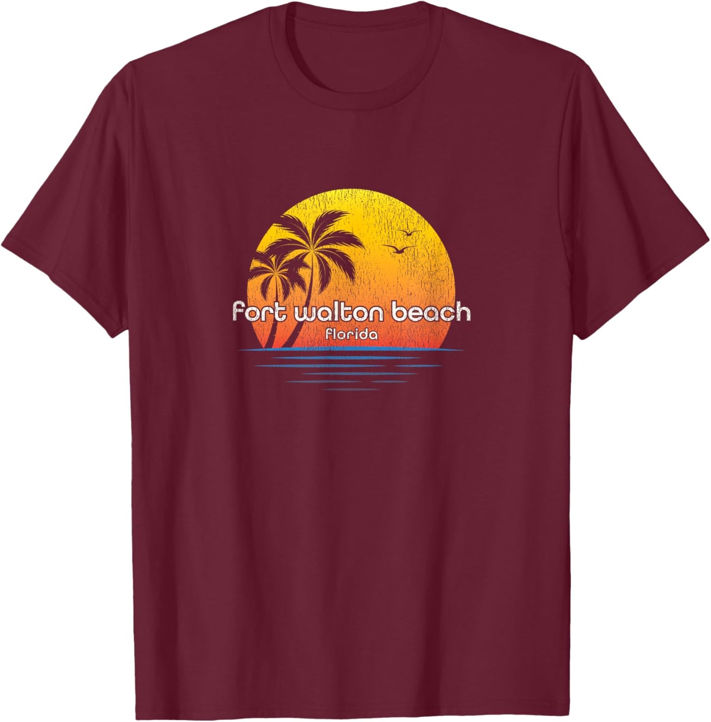 Fort Walton Beach FL Vintage Palm Tree Sunset T-Shirt - T-Shirt | Maroon