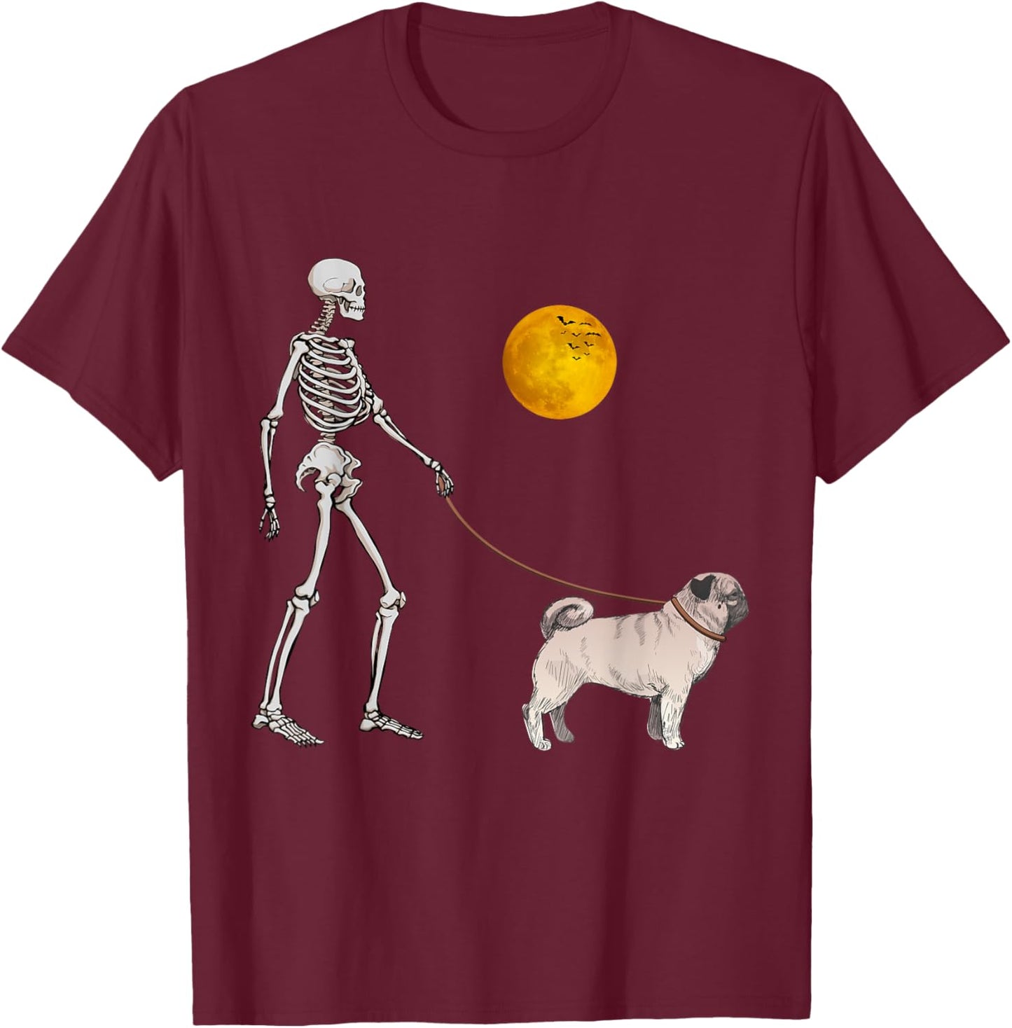 Pug Skeleton Dog Walking Halloween Costume Women Girls Kids T-Shirt - T-Shirt | Maroon