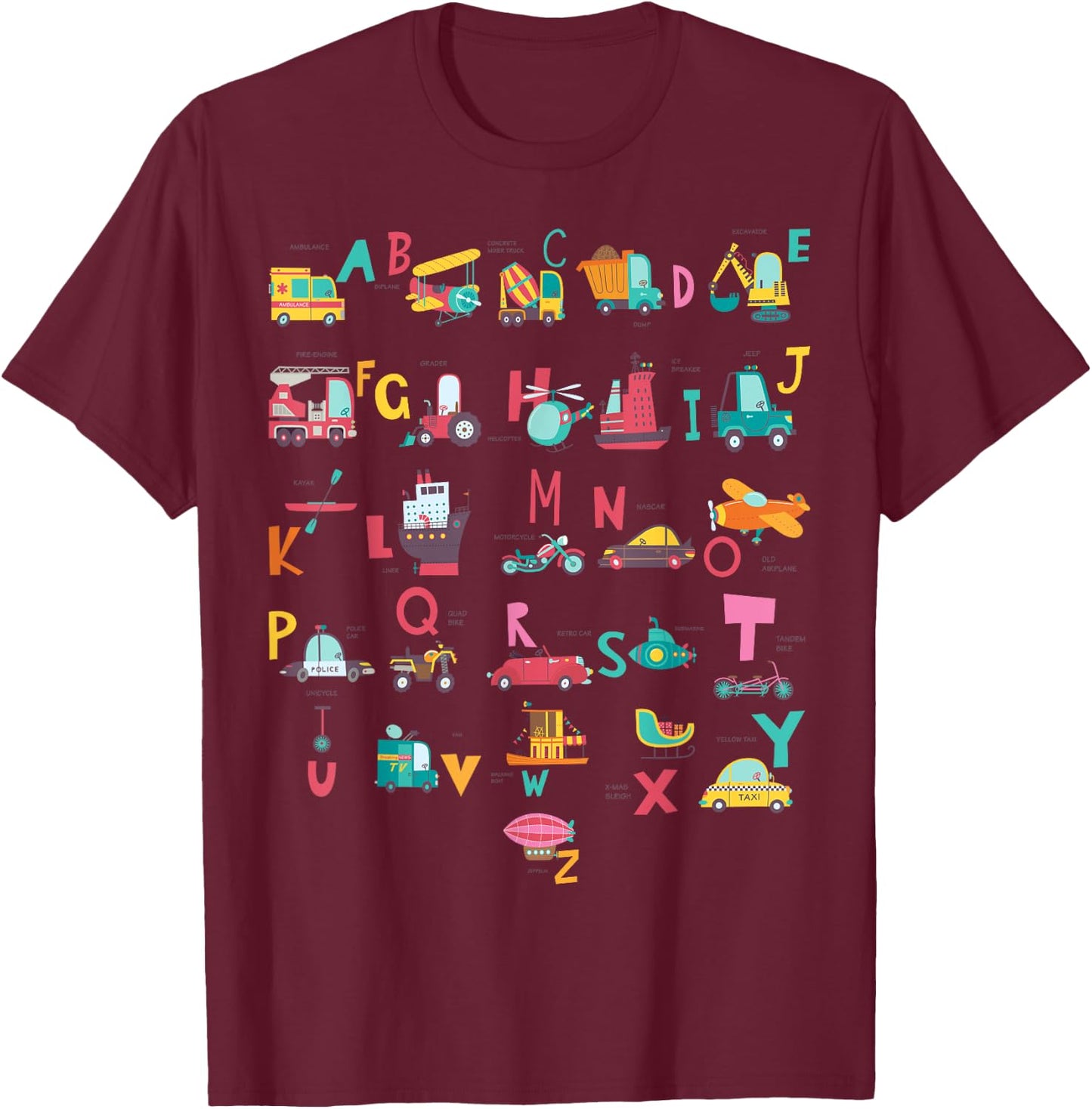 Ambulance Excavator Helicopter Truck Vehicles ABC Toddler T-Shirt - T-Shirt | Maroon