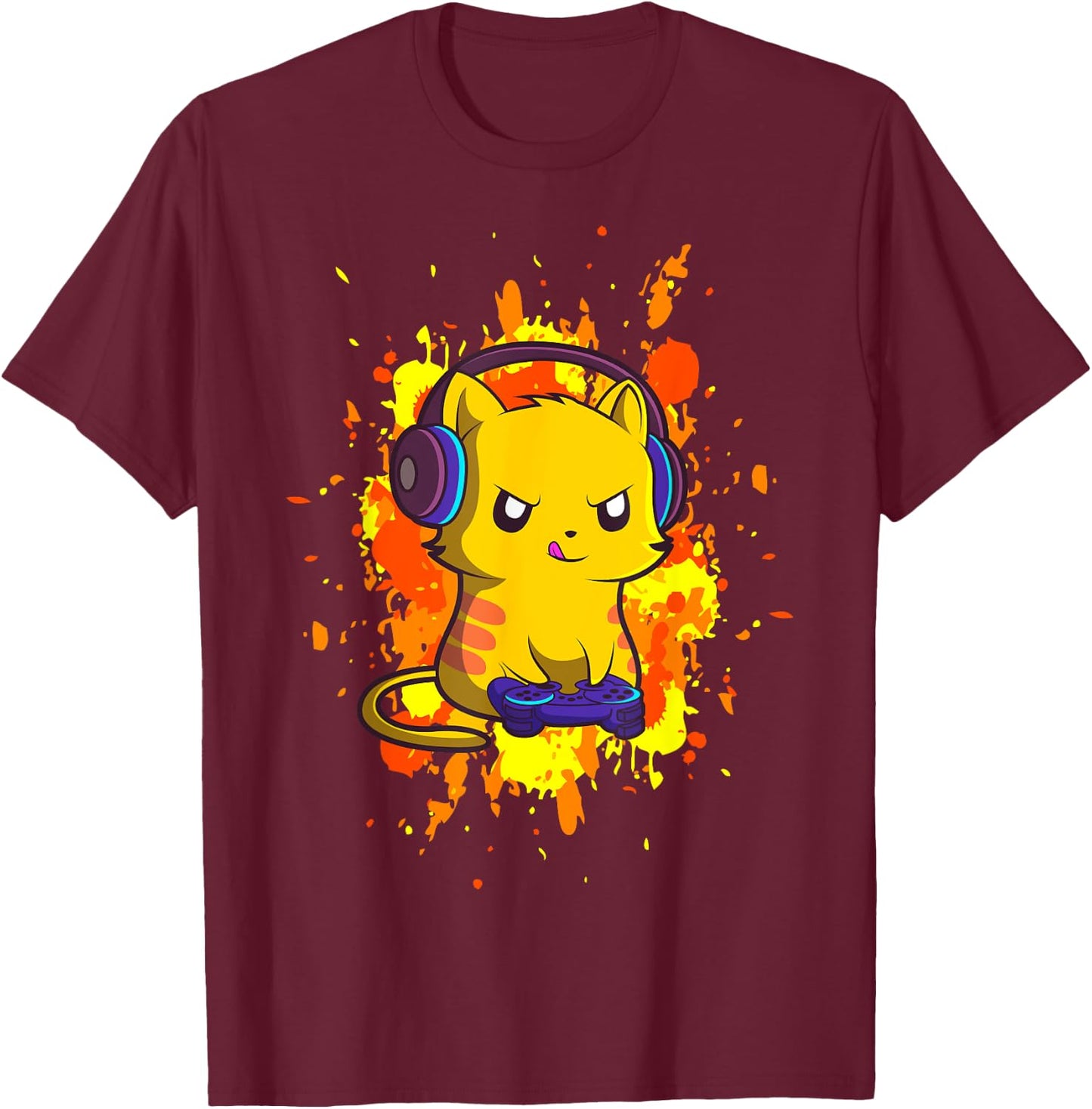Gaming Cat - Cyber Gamer PC Nerdy Kitty Kitten Headphones T-Shirt - T-Shirt | Maroon