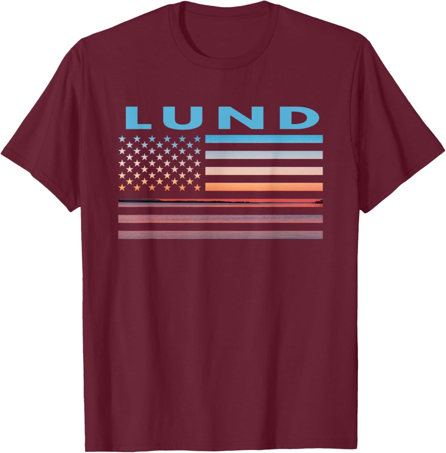 Vintage Sunset American Flag Lund, Wisconsin T-Shirt - T-Shirt | Maroon