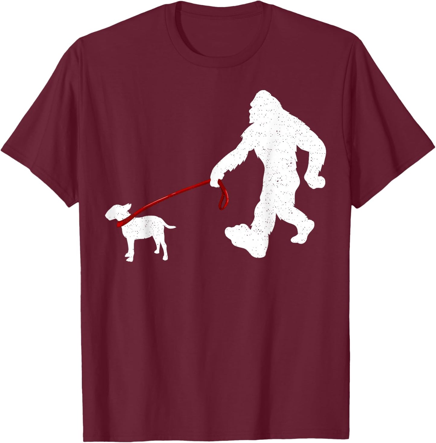 Funny Bigfoot Walking with Bull Terrier Dog T-Shirt - T-Shirt | Maroon