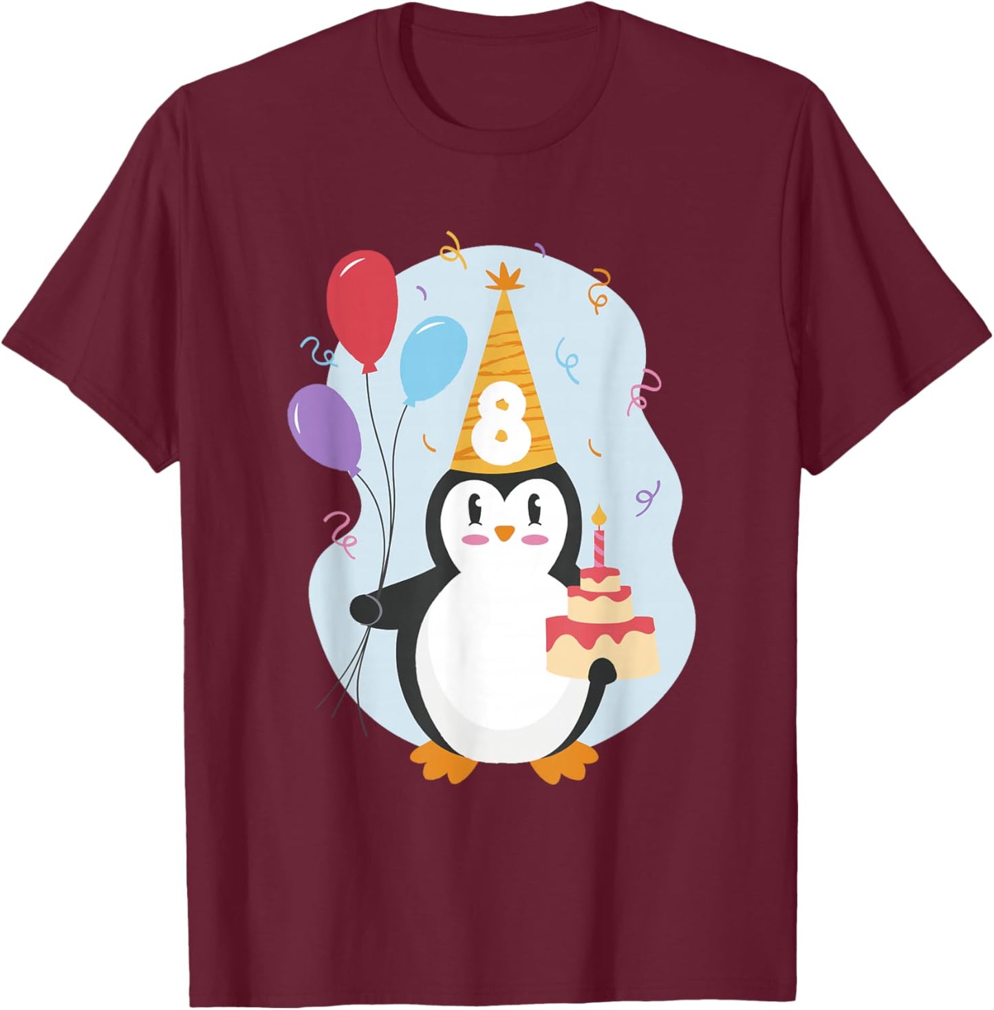 Pinguin Luftballon und Torte Kinder Geburtstag 8 Jahre Kind T-Shirt - T-Shirt | Maroon
