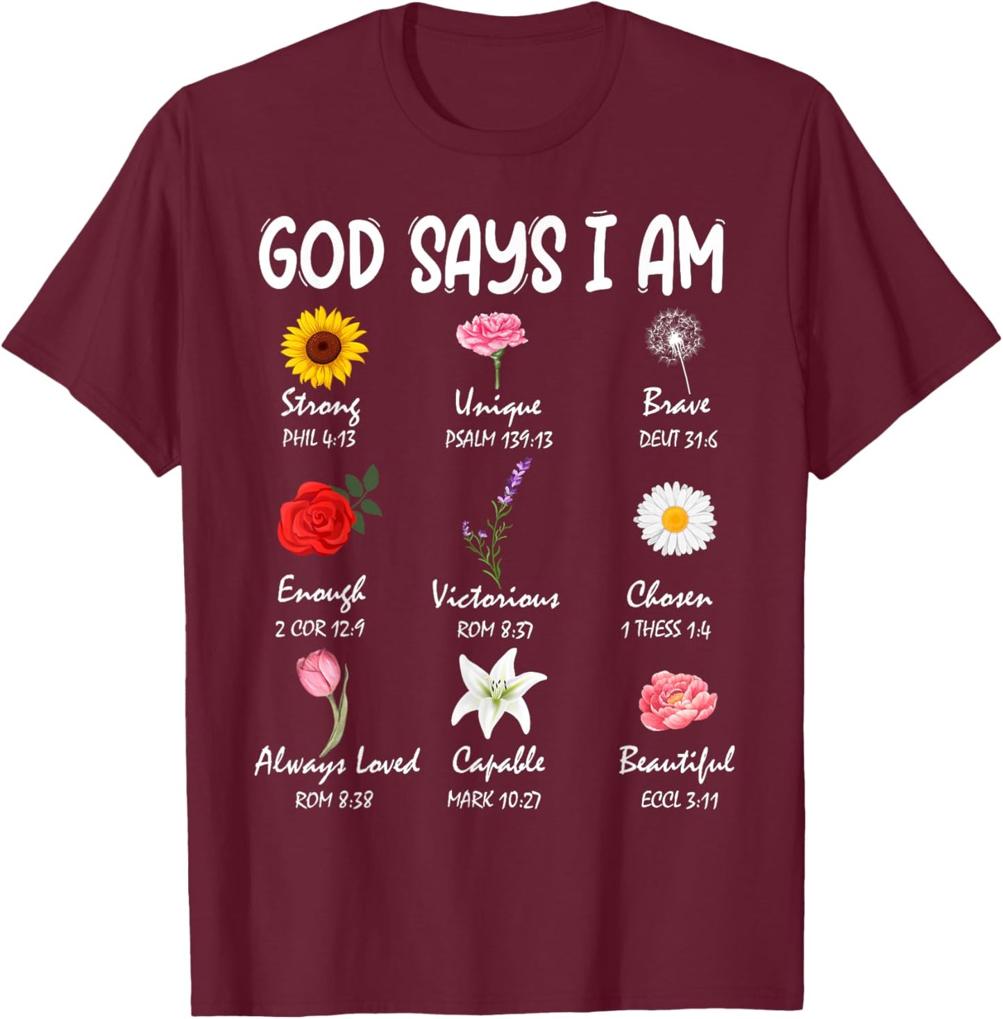 God Says I Am Cute Wild Flowers Women Girls Kids Christian T-Shirt - T-Shirt | Maroon