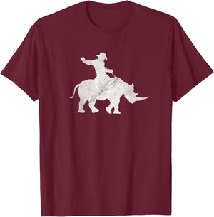 Cowboy Riding a Rhinoceros Rino Distressed T-Shirt - T-Shirt | Maroon