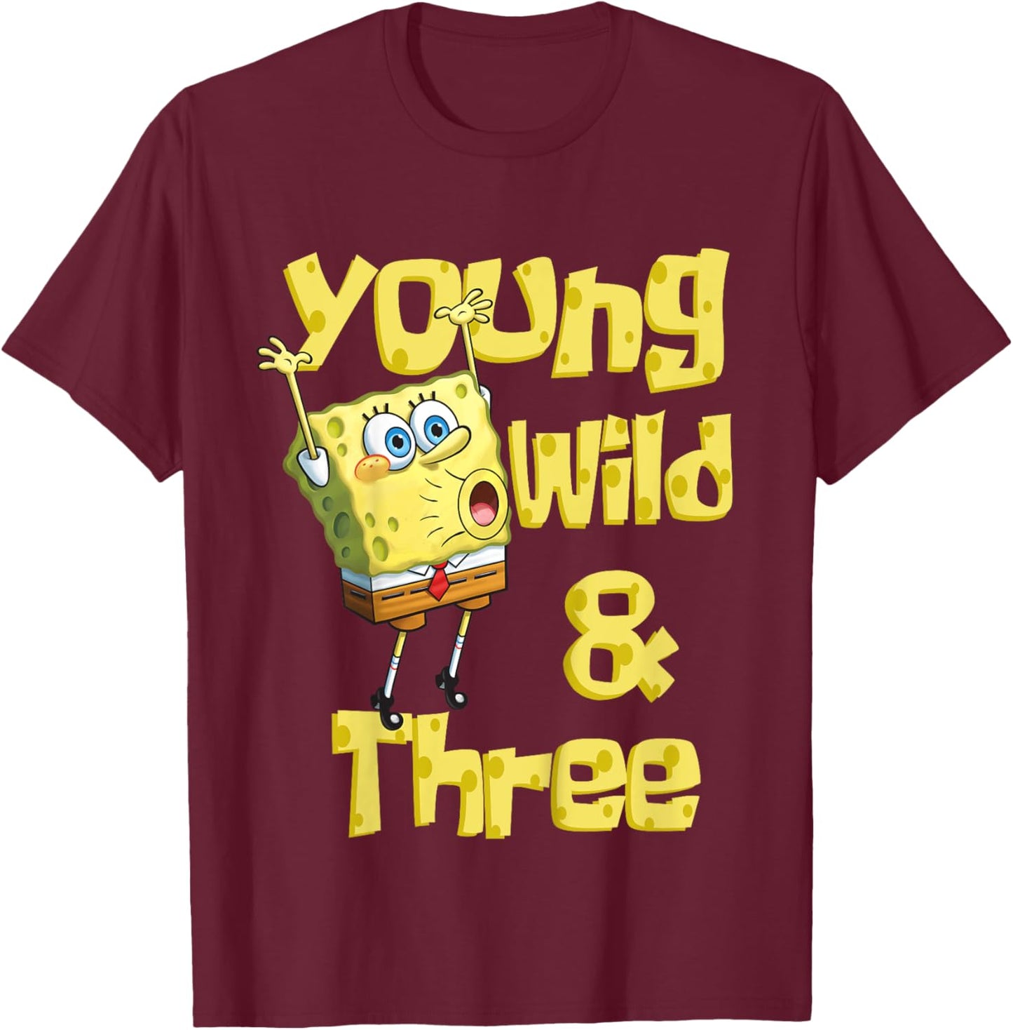 Mademark x SpongeBob SquarePants - Kids Young Wild & Three - 3rd Birthday T-Shirt - T-Shirt | Maroon