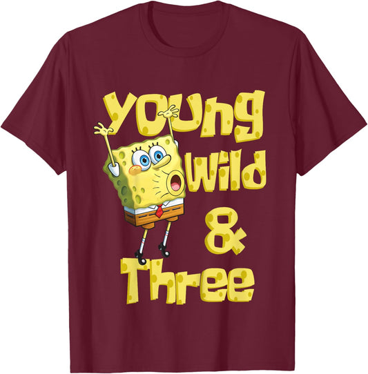 Mademark x SpongeBob SquarePants - Kids Young Wild & Three - 3rd Birthday T-Shirt - T-Shirt | Maroon