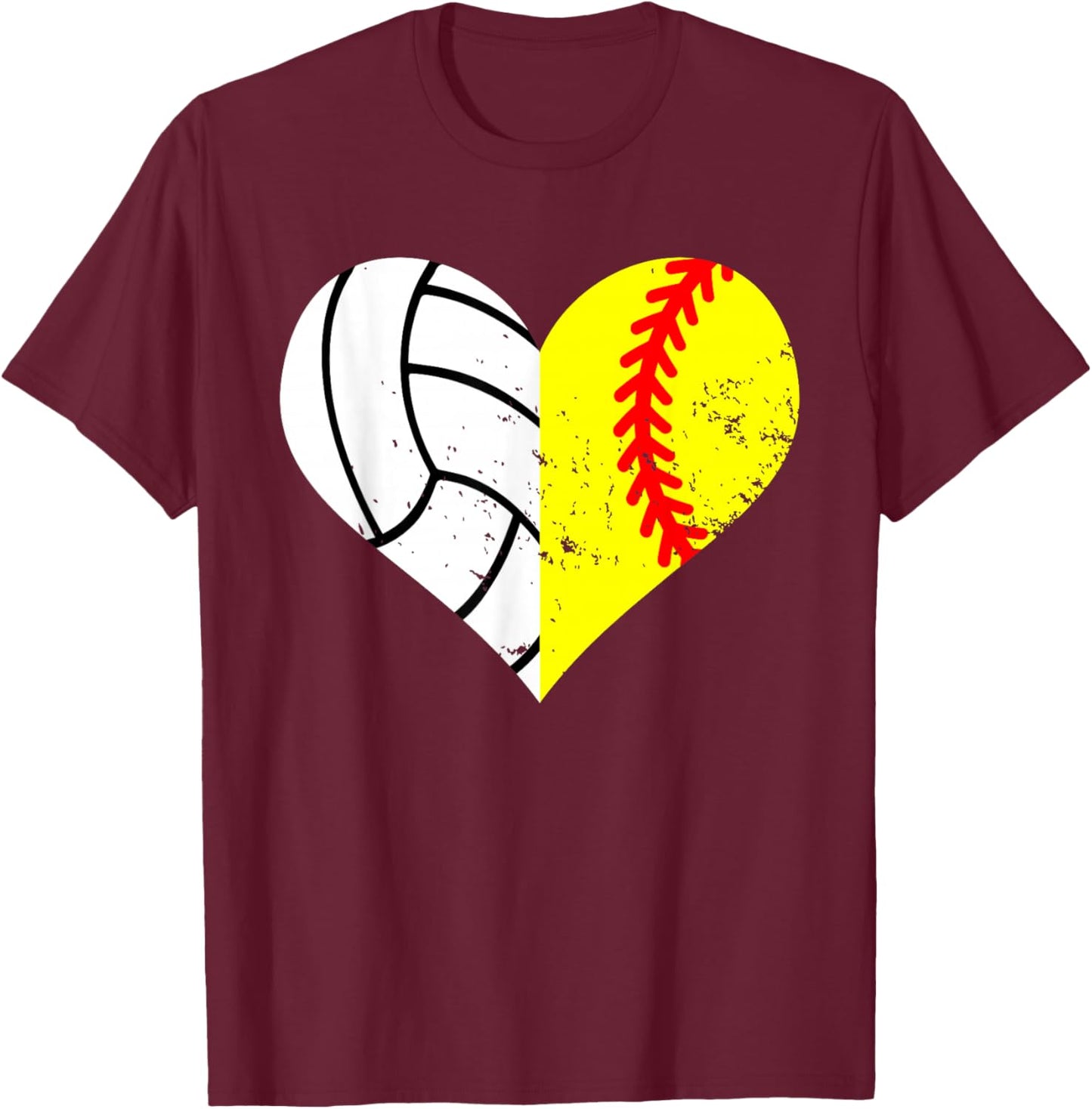 Softball Volleyball Heart Funny Softball Volleyball Mom T-Shirt - T-Shirt | Maroon