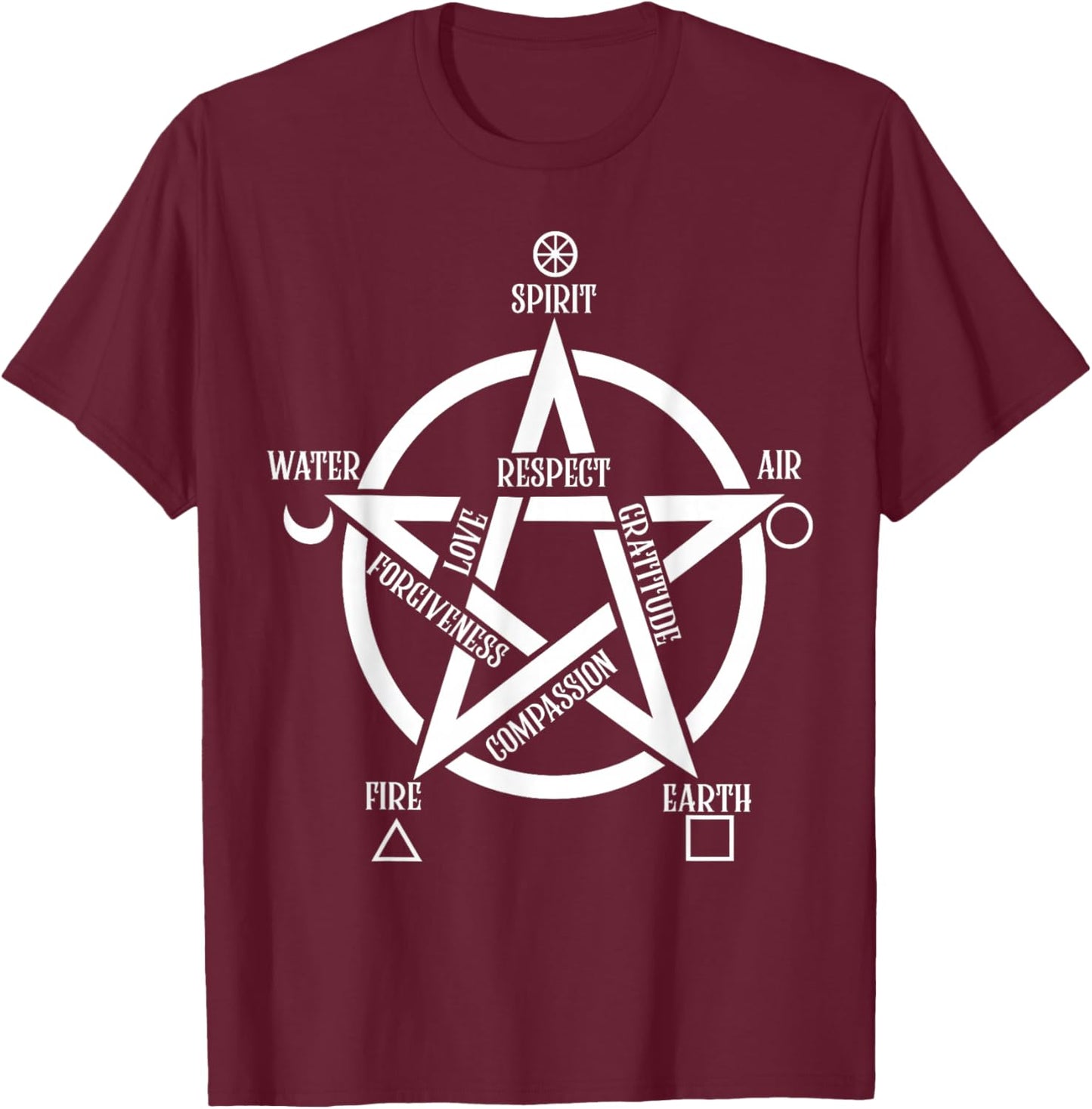 Spirit Water Fire Earth Air - Elemental Pentacle Witch T-Shirt - T-Shirt | Maroon