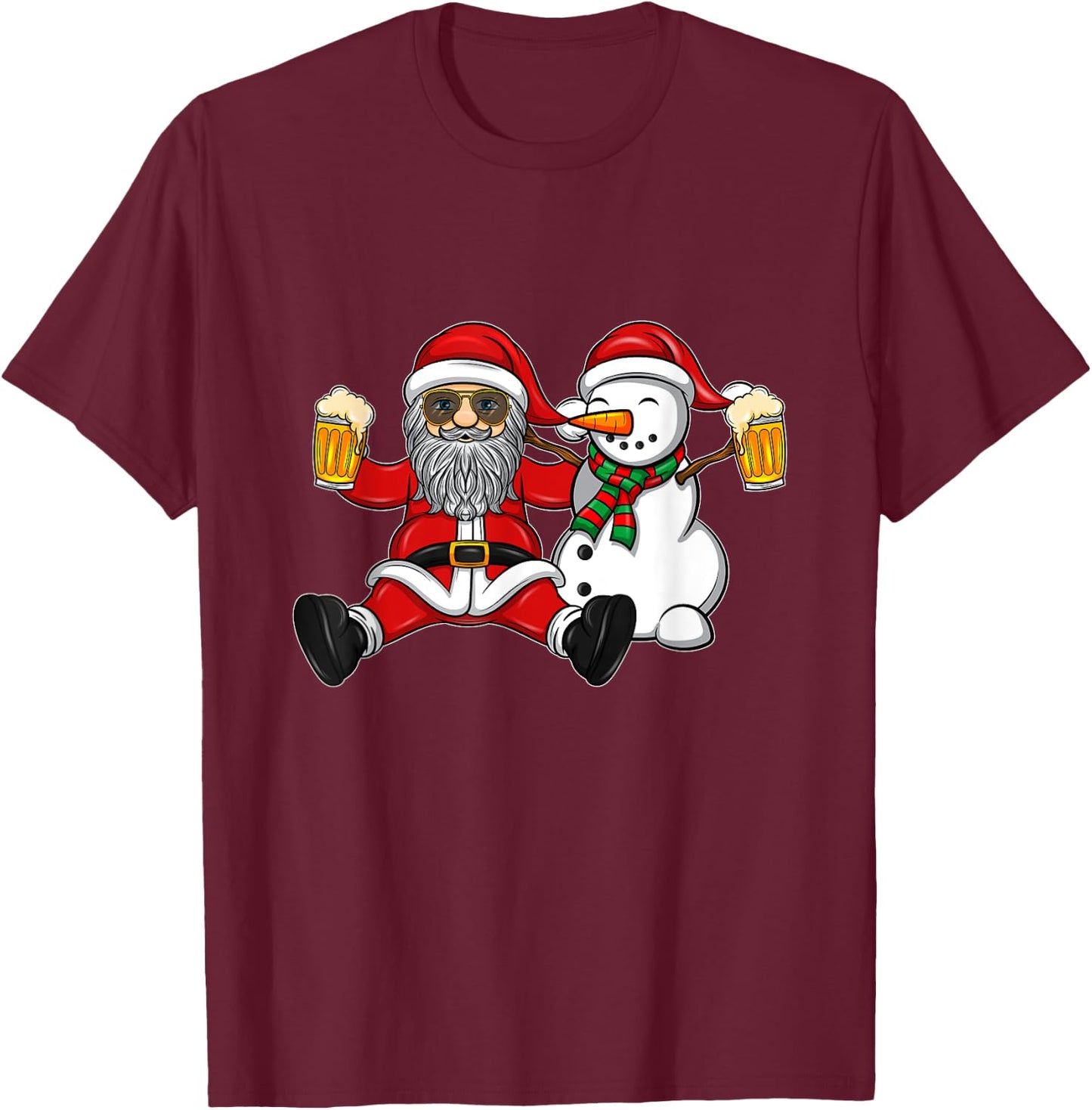 Beer Drinking Santa and Snowman T-Shirt - T-Shirt | Maroon