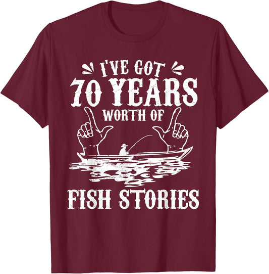 70th Birthday Fisherman T Shirt Funny Bass Fishing Gift T-Shirt - T-Shirt | Maroon