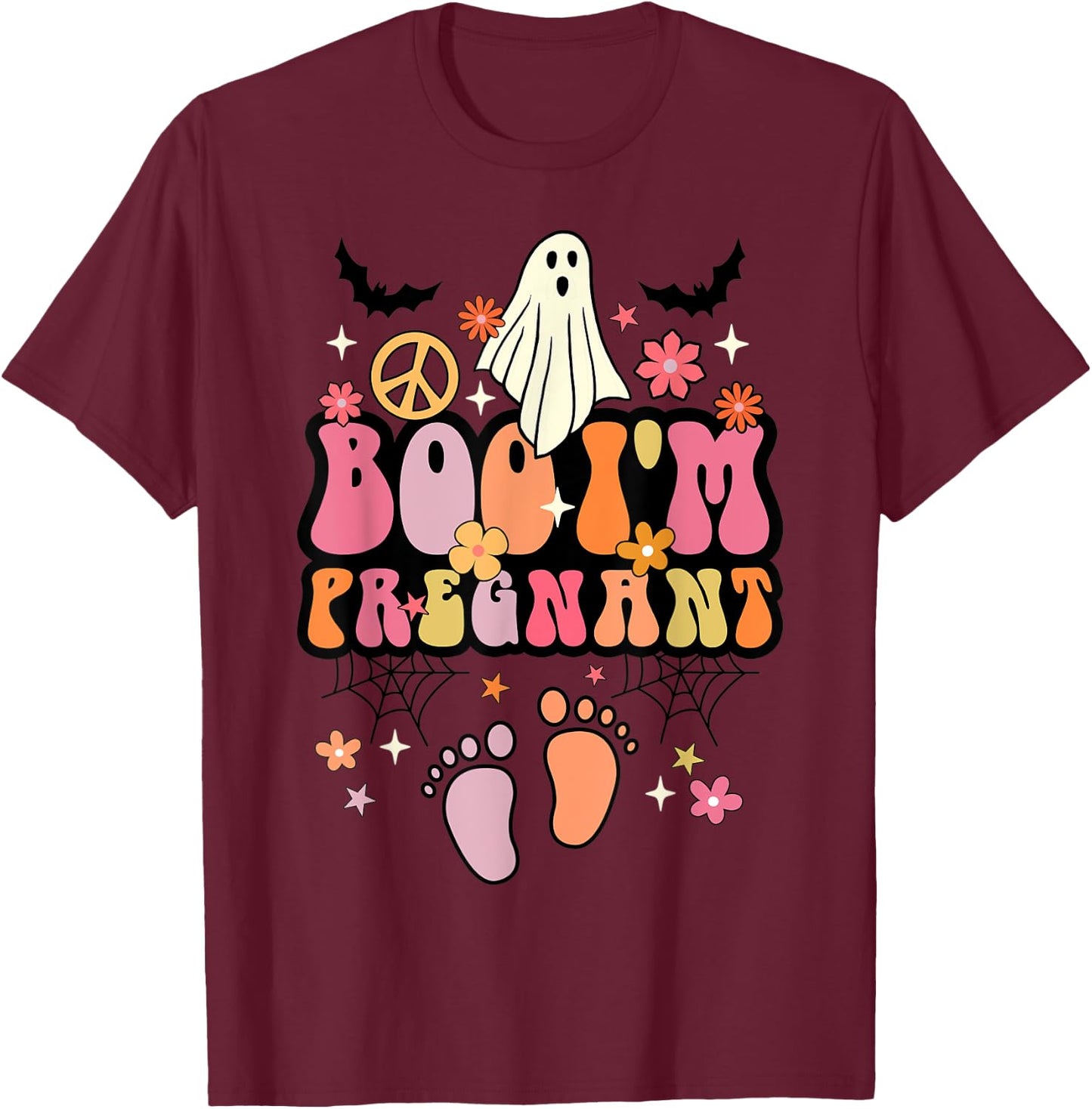 Boo I'm Pregnant Halloween Groovy Ghost Pregnancy Ghost Baby T-Shirt - T-Shirt | Maroon
