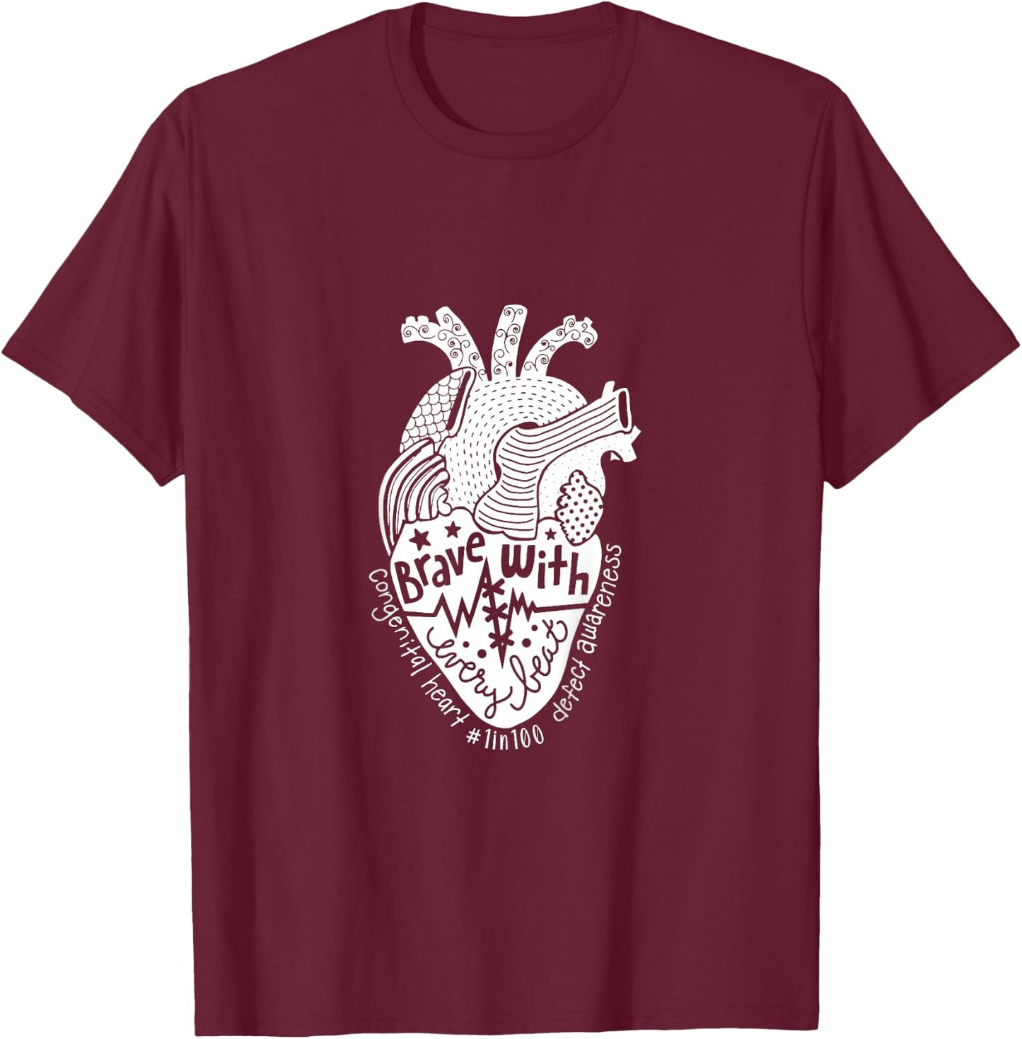 Kids Brave With Every Beat Congenital Heart Warrior 1 In 100 CHD T-Shirt - T-Shirt | Maroon