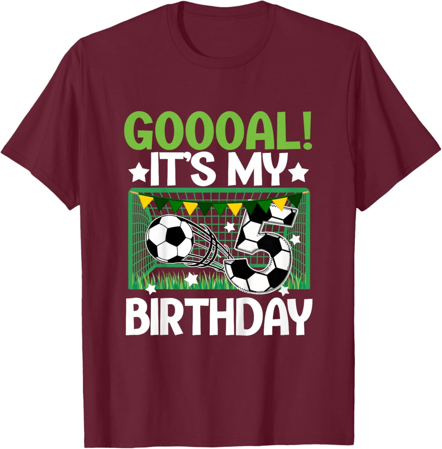 Kids 5th Birthday Party Soccer Boy Five Year Old Soccer Player T-Shirt - T-Shirt | Maroon