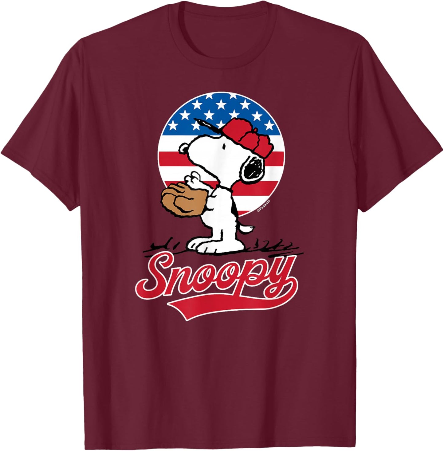 Peanuts - Snoopy Americana Baseball T-Shirt - T-Shirt | Maroon