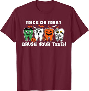 Trick Or Treat Brush Your Teeth Ghost Cute Halloween Dentist T-Shirt - T-Shirt | Maroon