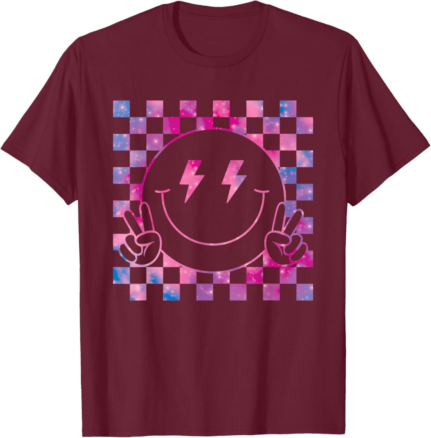 Checkered Lightning Bolt Eyes Happy Smiling Smile Face Peace T-Shirt - T-Shirt | Maroon