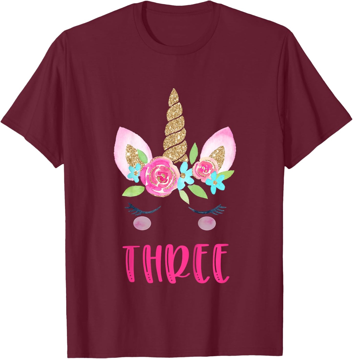 Three Unicorn Birthday Girl Shirt 3 Year Old Cute T-Shirt - T-Shirt | Maroon