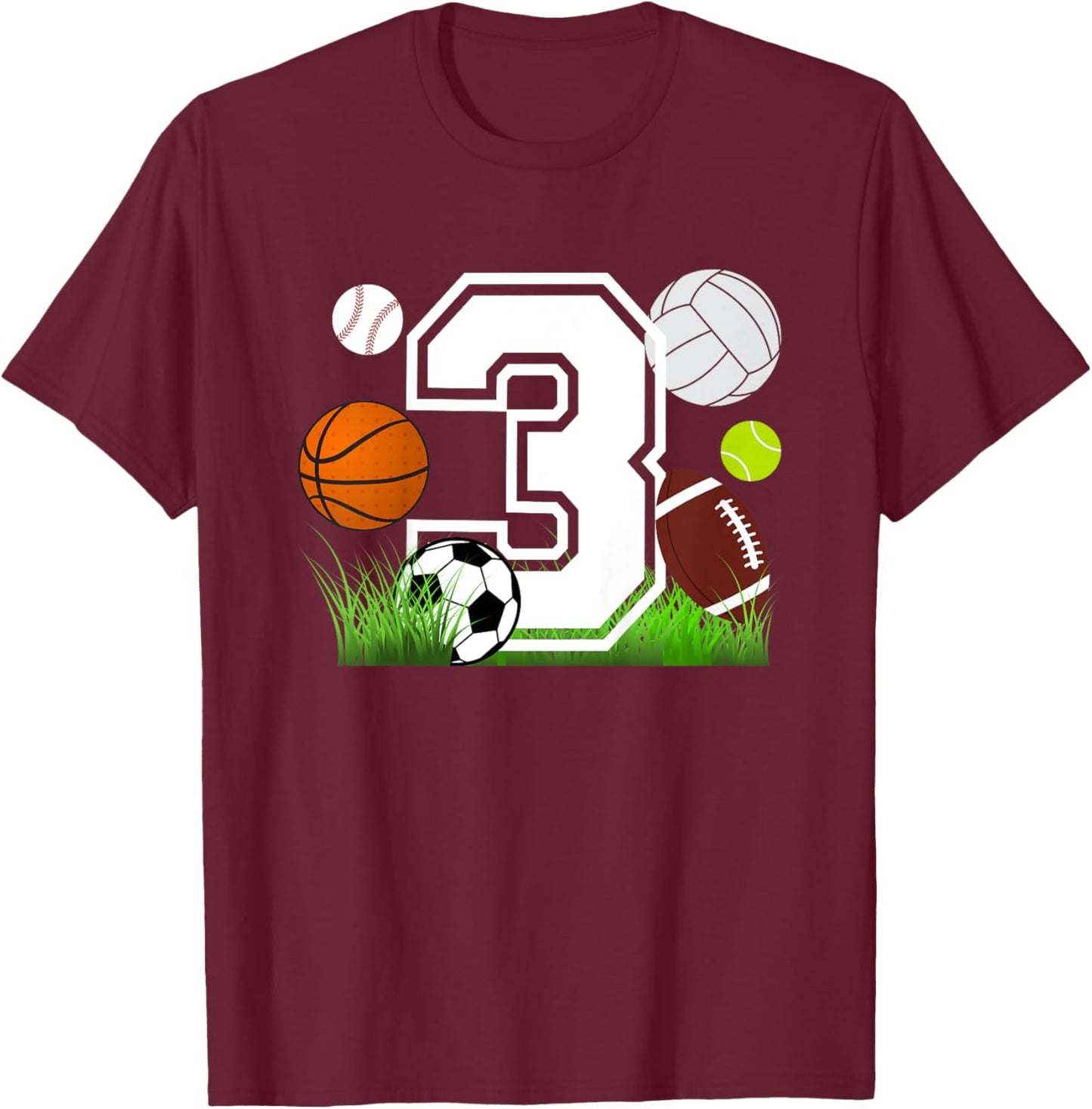Kids 3rd Birthday Sports Birthday Theme Three Year Old Boy T-Shirt - T-Shirt | Maroon