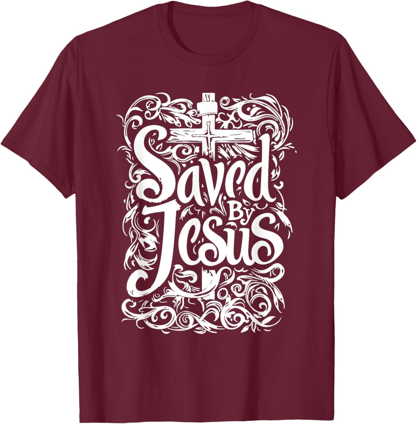 Bible Verse | Saved By Jesus Christ | Tattoo Style T-Shirt - T-Shirt | Maroon