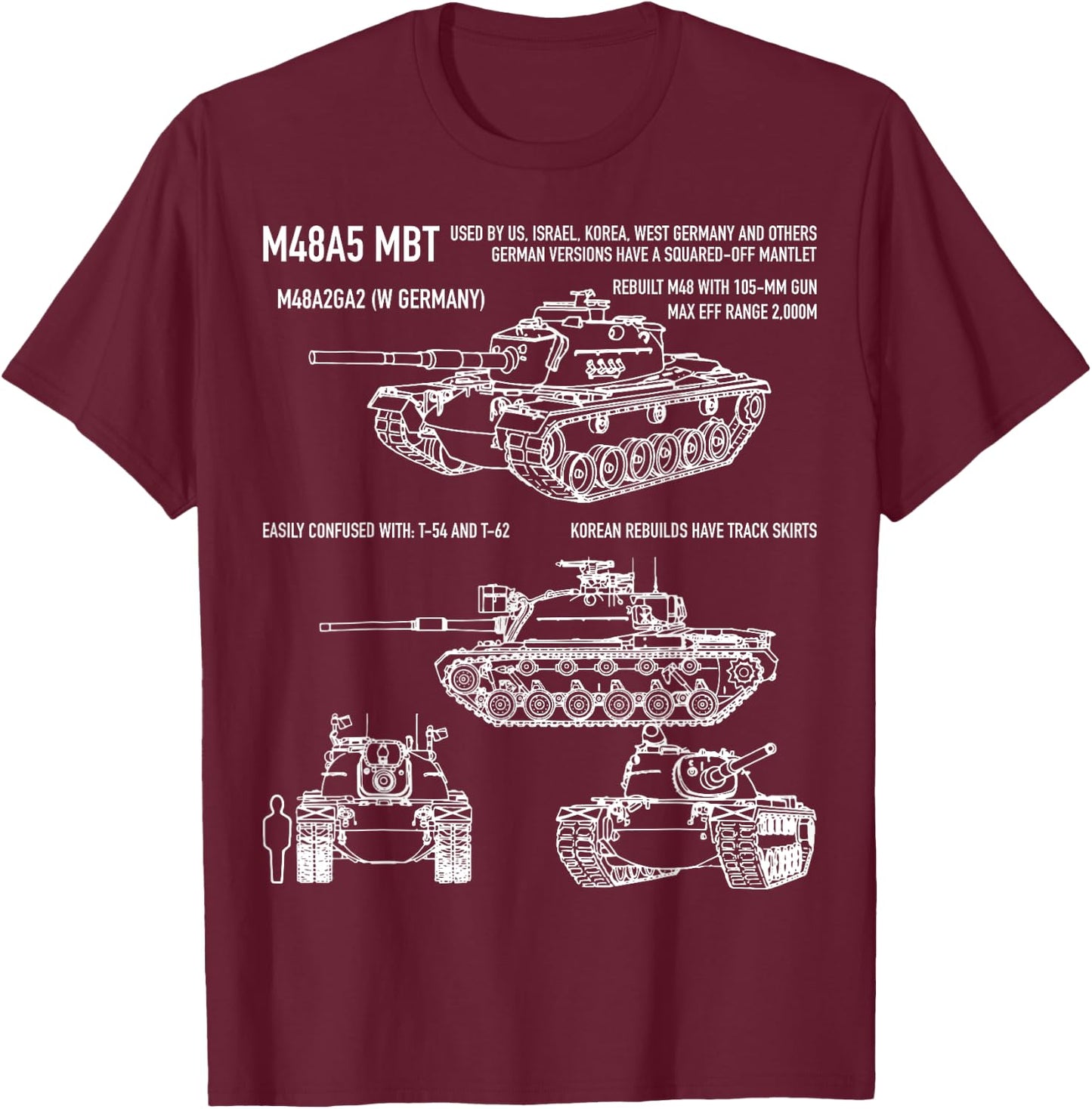 M48 A5 Patton Tank American Blueprint Diagram T-Shirt - T-Shirt | Maroon