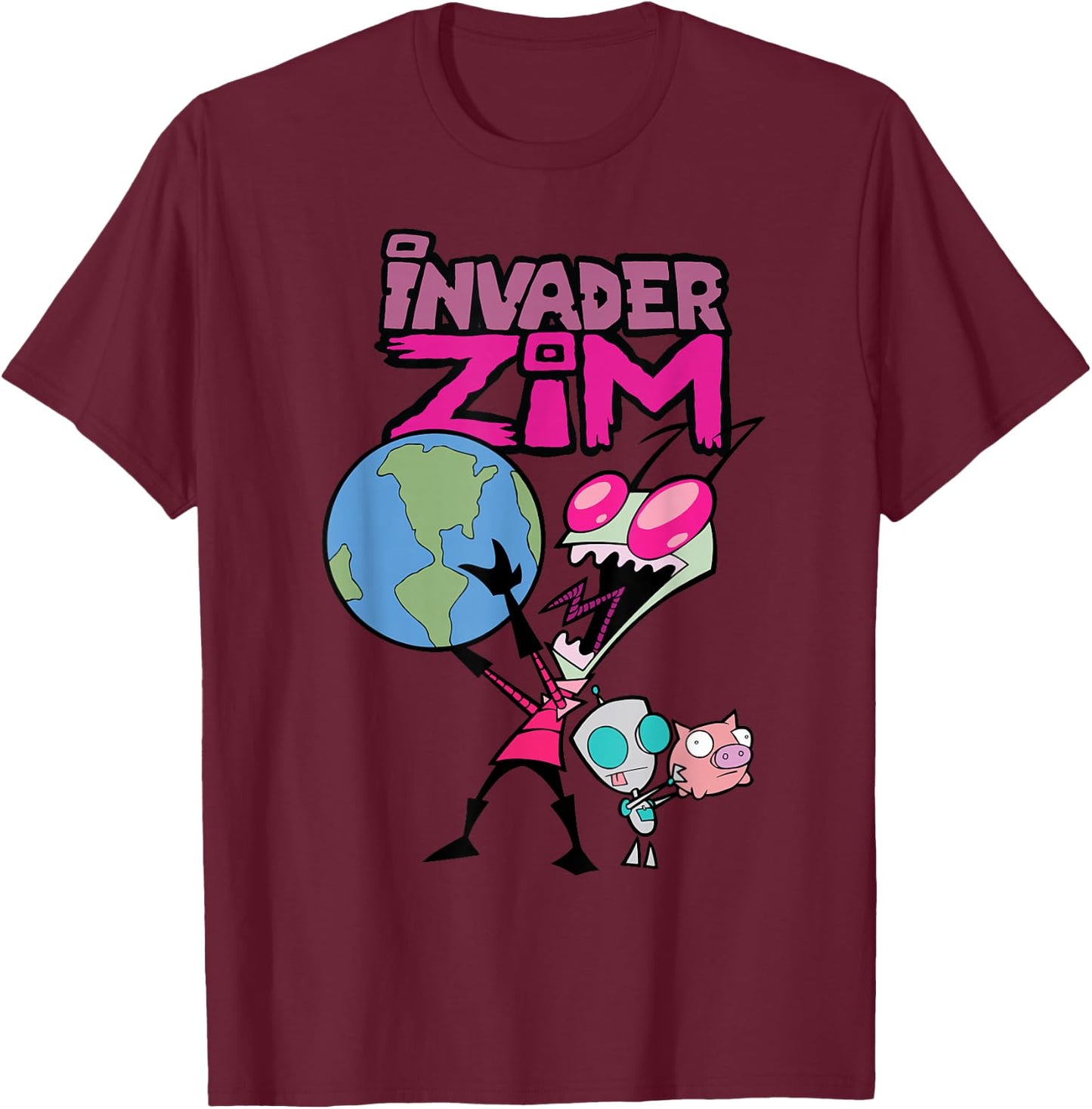 Invader Zim Holding World T-Shirt - T-Shirt | Maroon