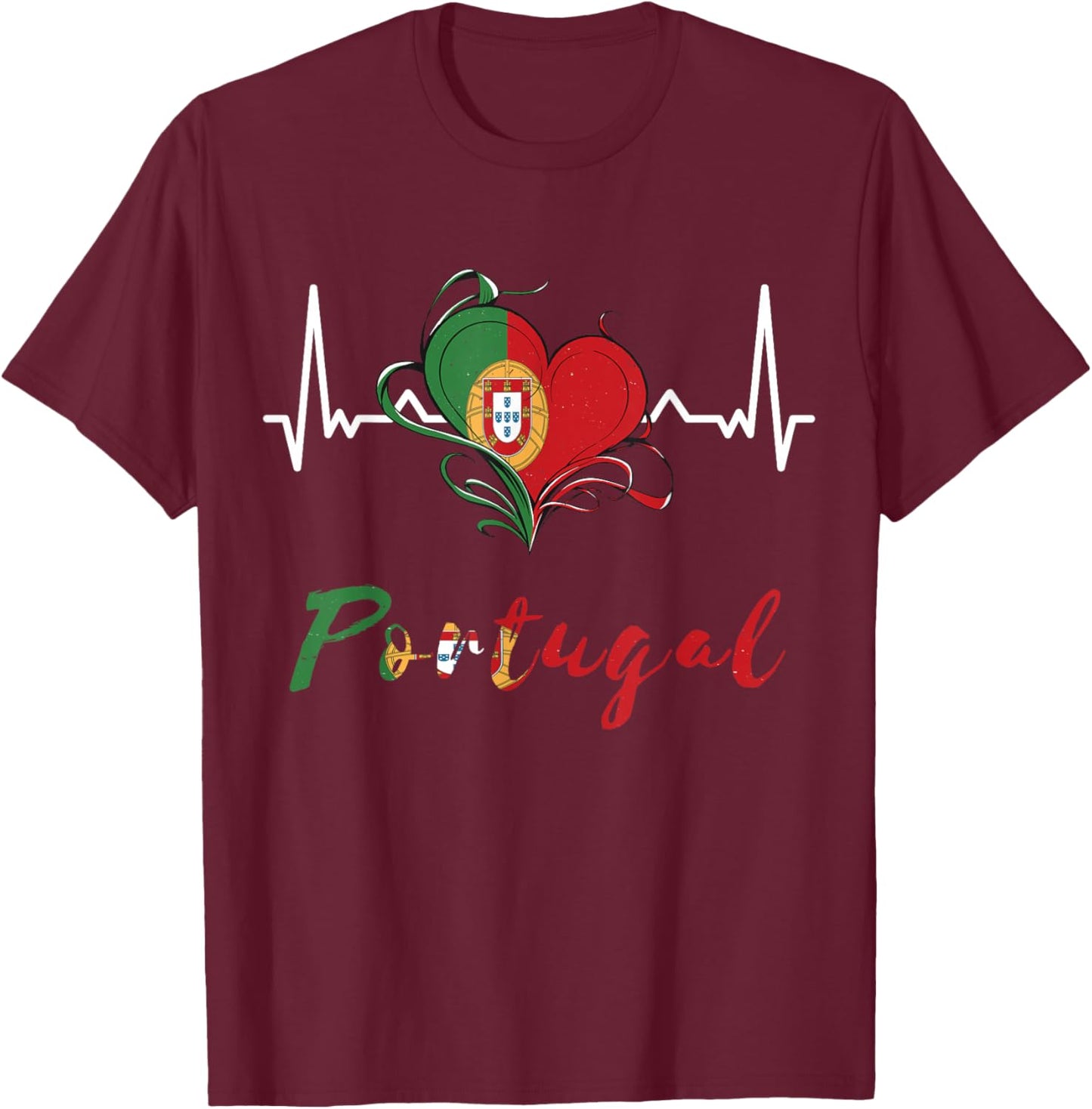 Portugal Flagge Herzschlag EKG Pulse Portugiesische Wurzeln Herz T-Shirt - T-Shirt | Maroon
