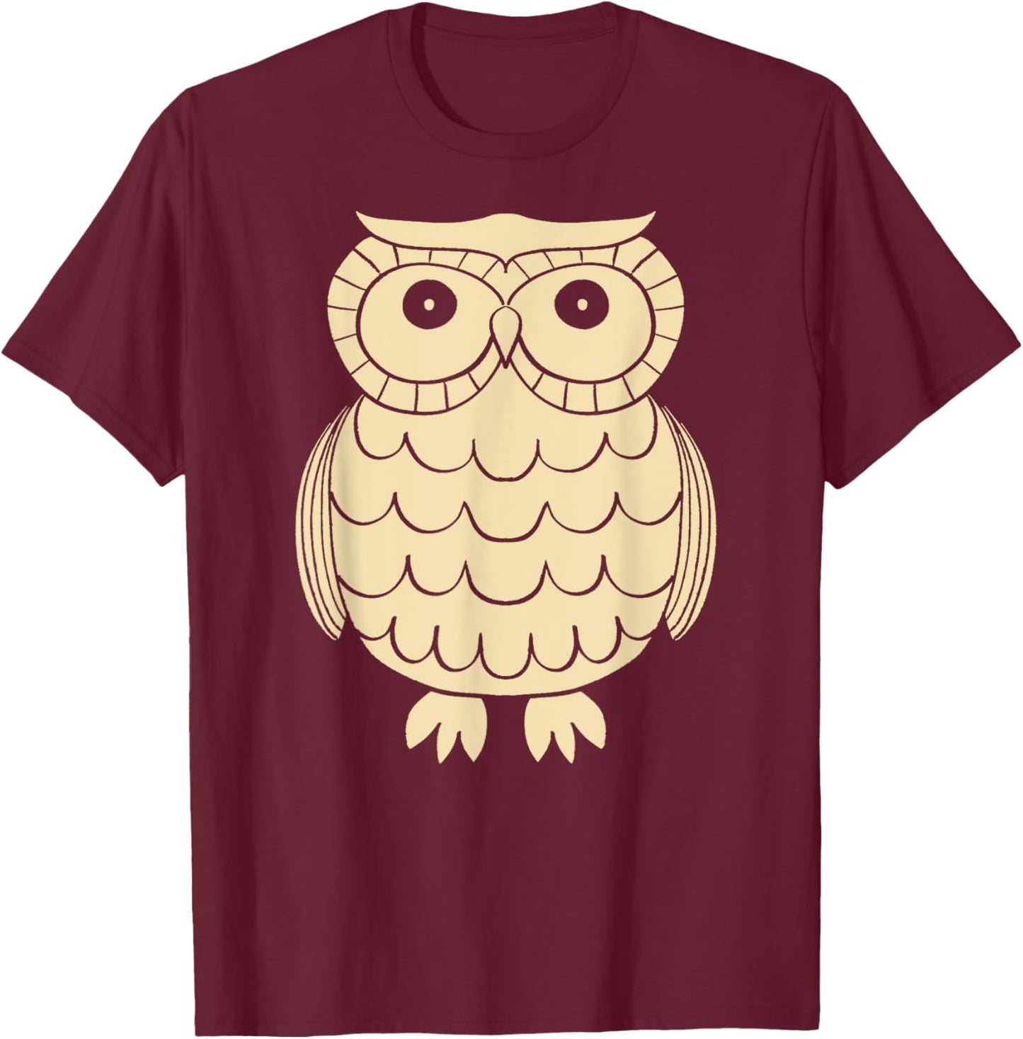 Cute Retro 1970s Style Owl Graphic in Cream Color T-Shirt - T-Shirt | Maroon