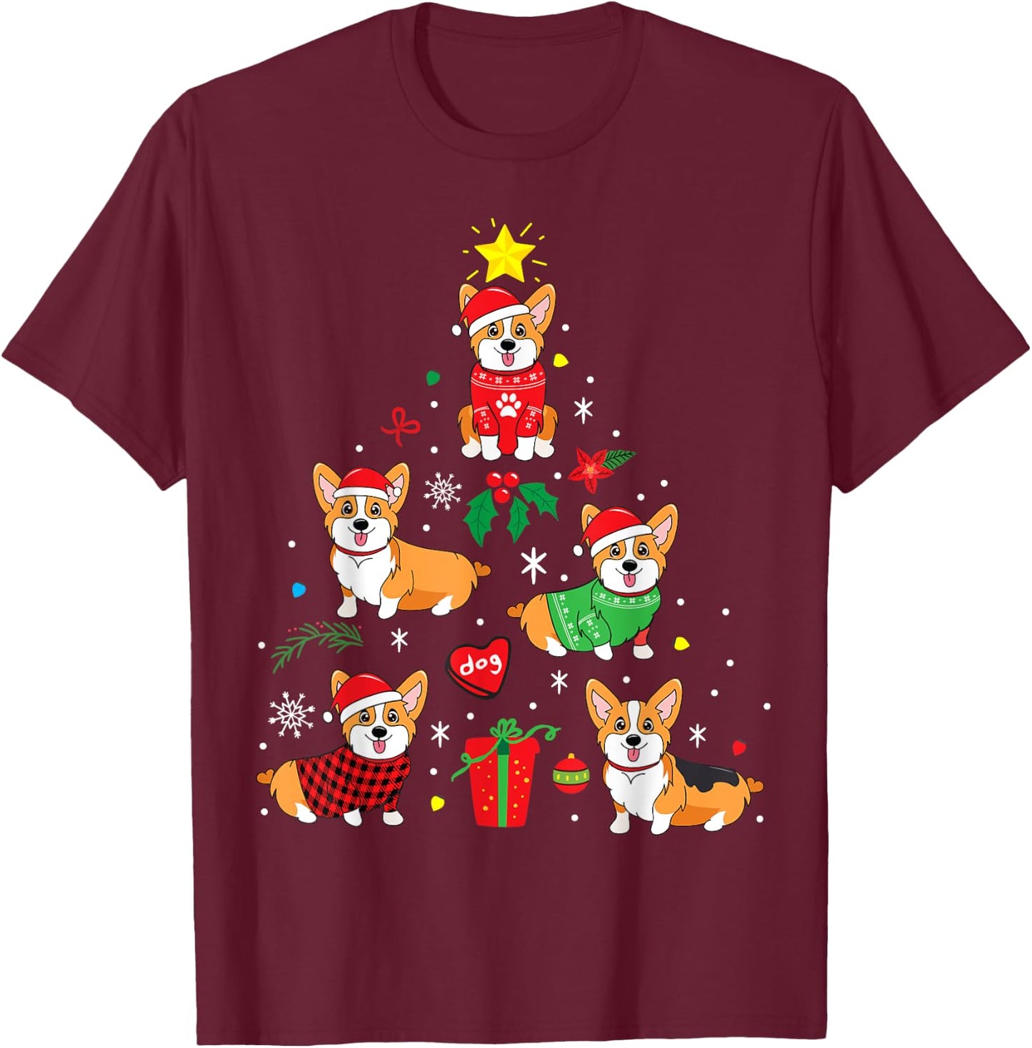 Corgi Christmas Dog Tree Funny Gift Christmas Gift Men Women Kids T-Shirt - T-Shirt | Maroon