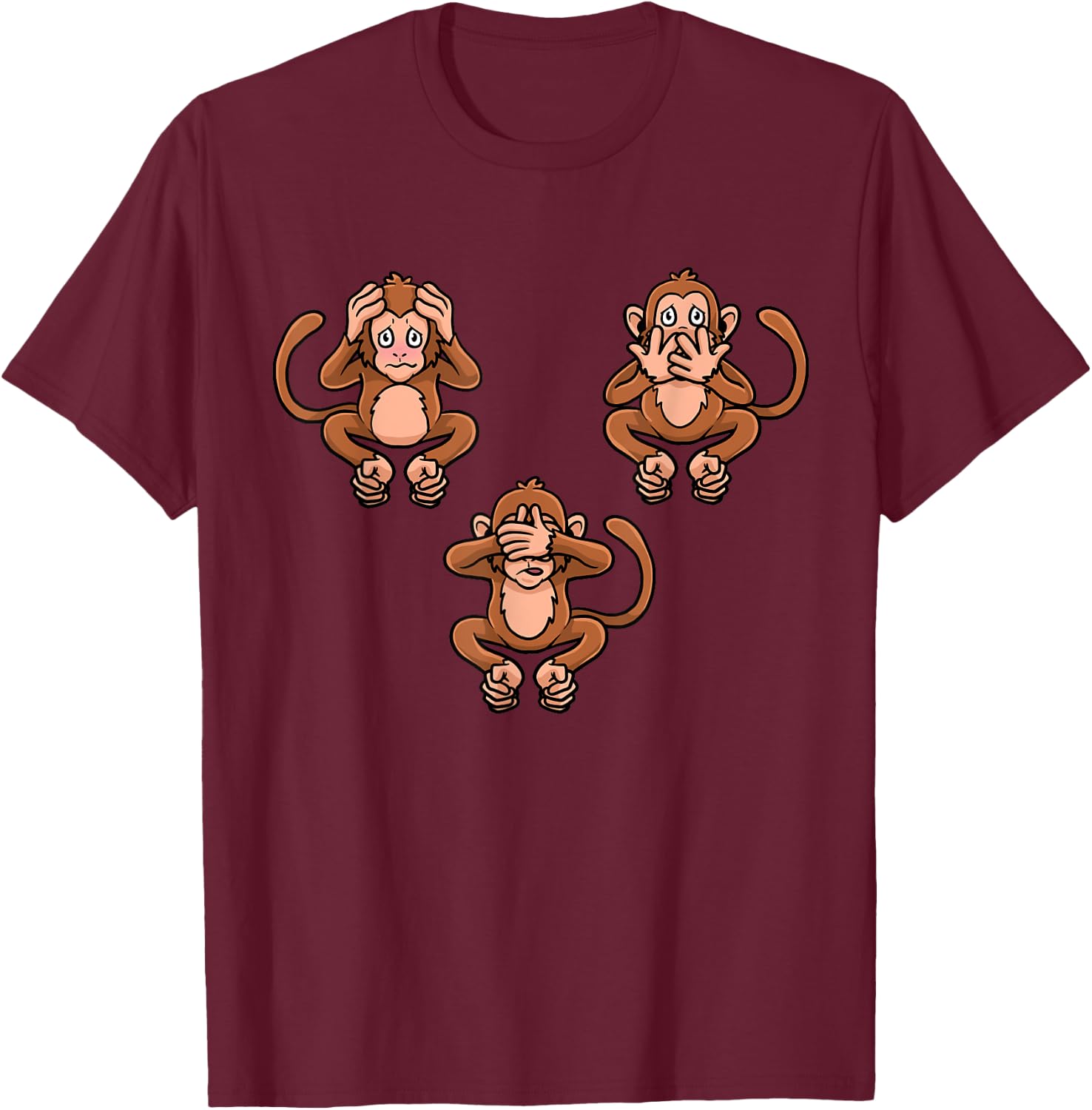 Speak Hear & See No Evil Three Monkies Wise Monkey T-Shirt - T-Shirt | Maroon