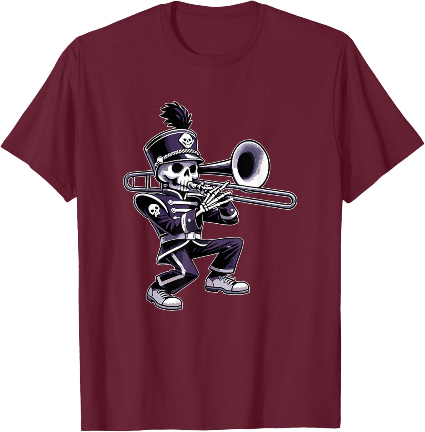 Halloween Skeleton School Marching Band Trombone Player T-Shirt - T-Shirt | Maroon