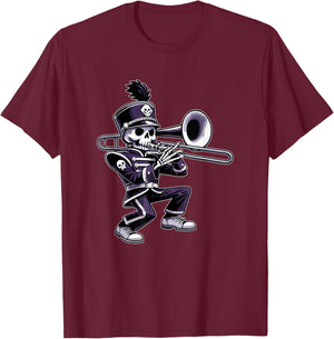 Halloween Skeleton School Marching Band Trombone Player T-Shirt - T-Shirt | Maroon