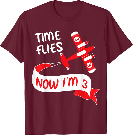 Now I'm 3rd Birthday Time Flies Child 3 Year Old Cool B-Day T-Shirt - T-Shirt | Maroon