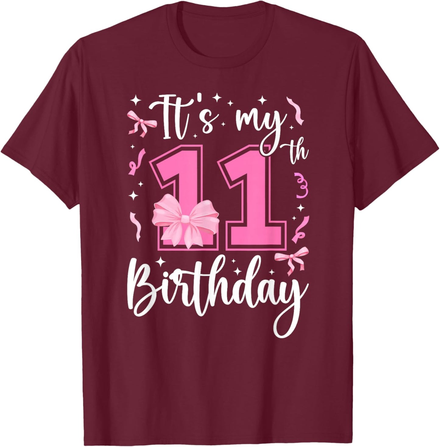 11th Coquette Themed Birthday Eleven Year Old Girl Bow T-Shirt - T-Shirt | Maroon