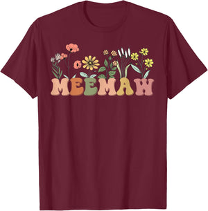 Meemaw For Grandma Retro Wildflowers Mother's Day Meemaw T-Shirt - T-Shirt | Maroon