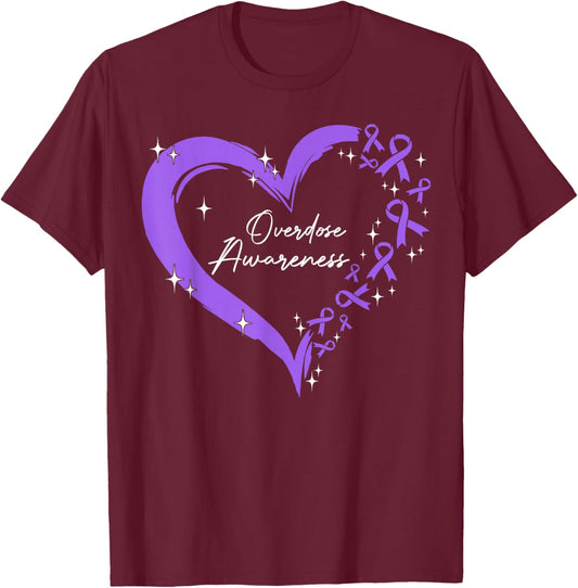 Overdose Awareness Purple Ribbon Drug Addiction Heart T-Shirt - T-Shirt | Maroon