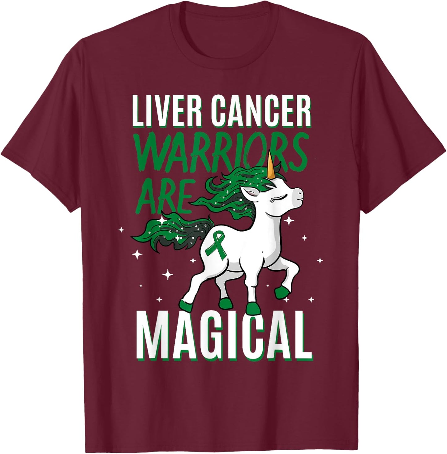Liver Cancer Warrior Magical Unicorn Green Ribbon Jaundice T-Shirt - T-Shirt | Maroon