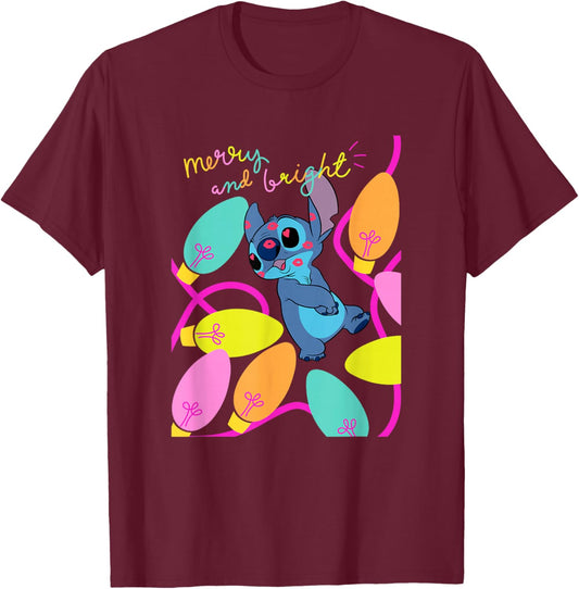 Disney Lilo & Stitch Christmas Merry And Bright Stitch Light T-Shirt - T-Shirt | Maroon