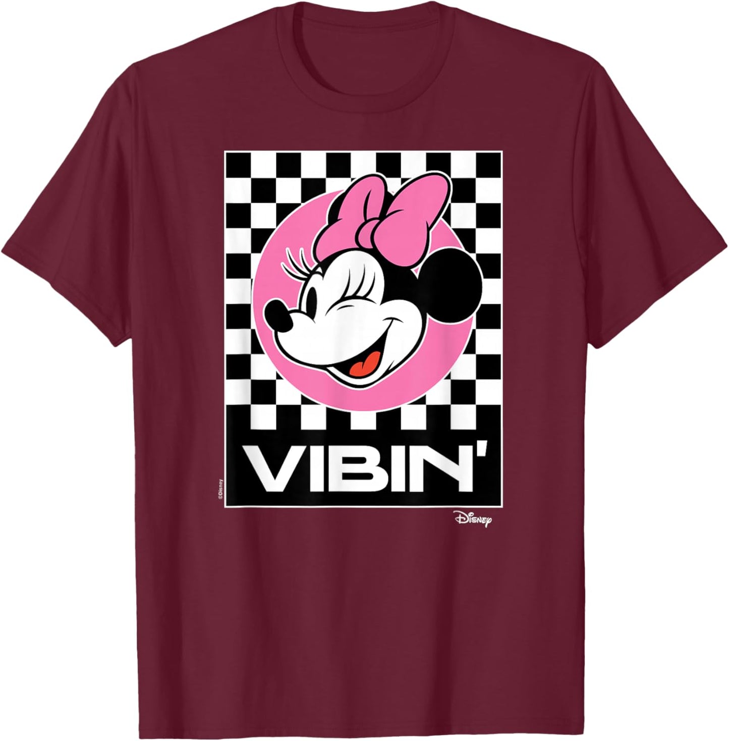 Minnie Mouse - Vibin Retro Checkered Background T-Shirt - T-Shirt | Maroon
