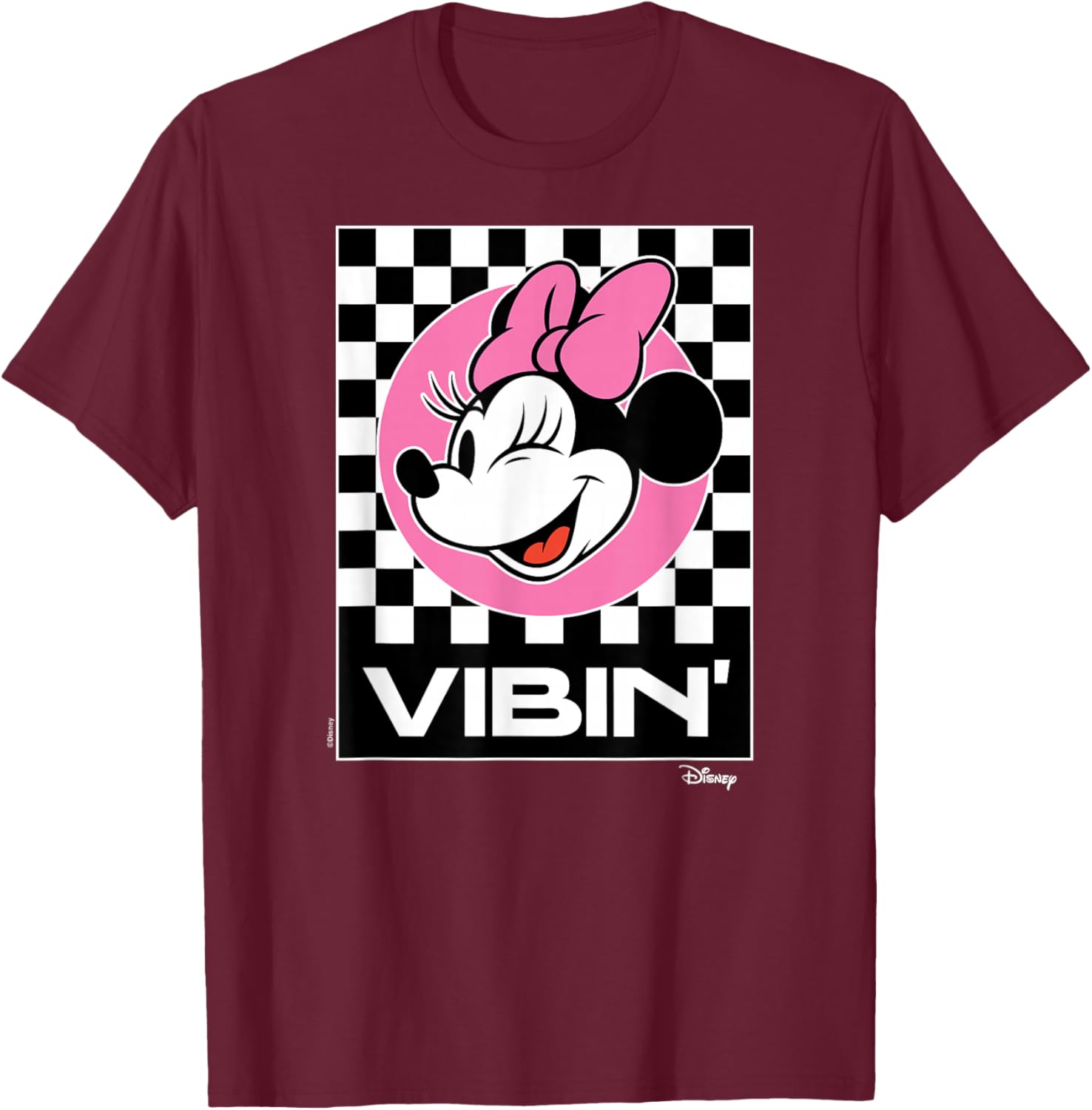 Minnie Mouse - Vibin Retro Checkered Background T-Shirt - T-Shirt | Maroon
