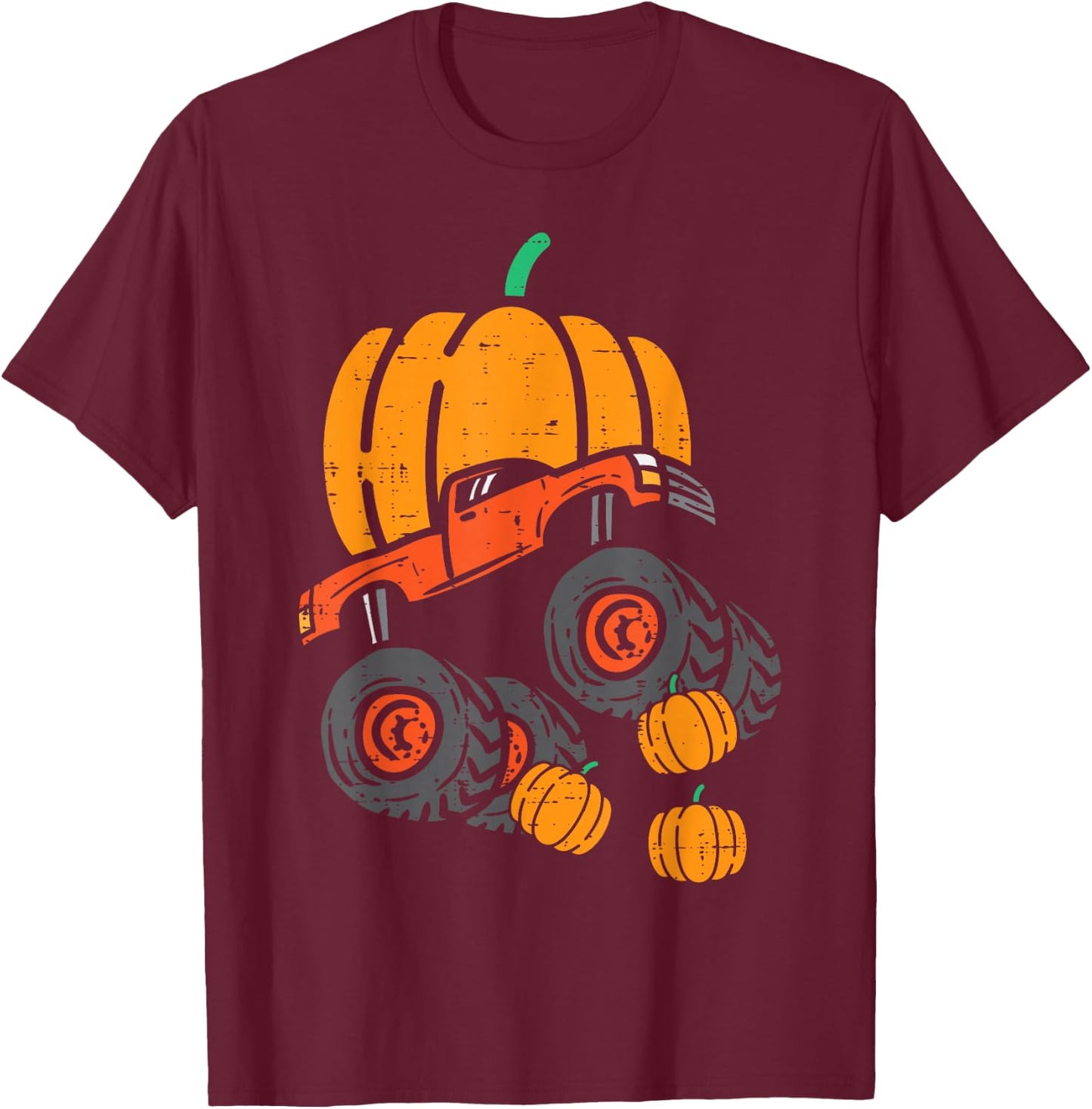 Thanksgiving Pumpkin On Monster Truck Fall Boys Kids Toddler T-Shirt - T-Shirt | Maroon