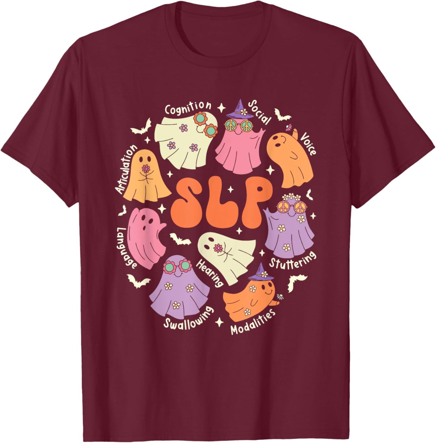 Cute Ghost Friends Halloween AAC SLP Squad Speech Language T-Shirt - T-Shirt | Maroon