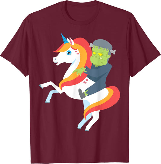 Frankenstein Riding Unicorn Cute Monster Halloween Costume T-Shirt - T-Shirt | Maroon