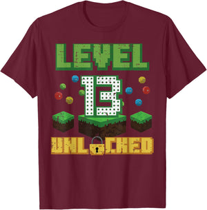 Level 13 Unlocked Pixel Gamer 13th Birthday Gaming Boys Teen T-Shirt - T-Shirt | Maroon